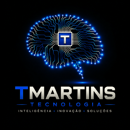 Logotipo TMARTINS Tecnologia: um cérebro formado por circuitos com um microchip central marcado com a letra T